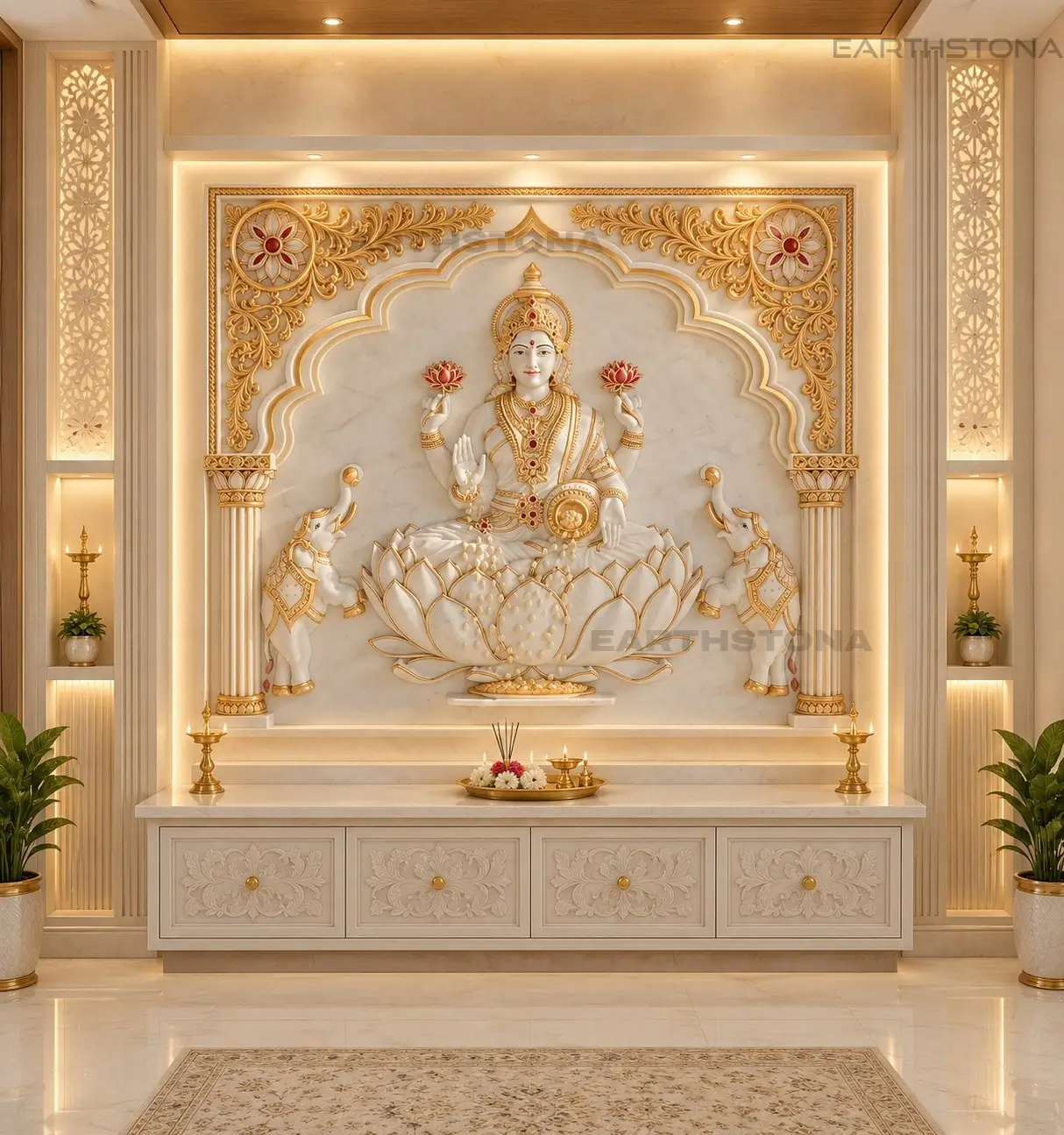 Lakshmi Mata 75mm Indian marble stone mural with lotus, elephants and golden carving for luxury home mandir by EarthStona